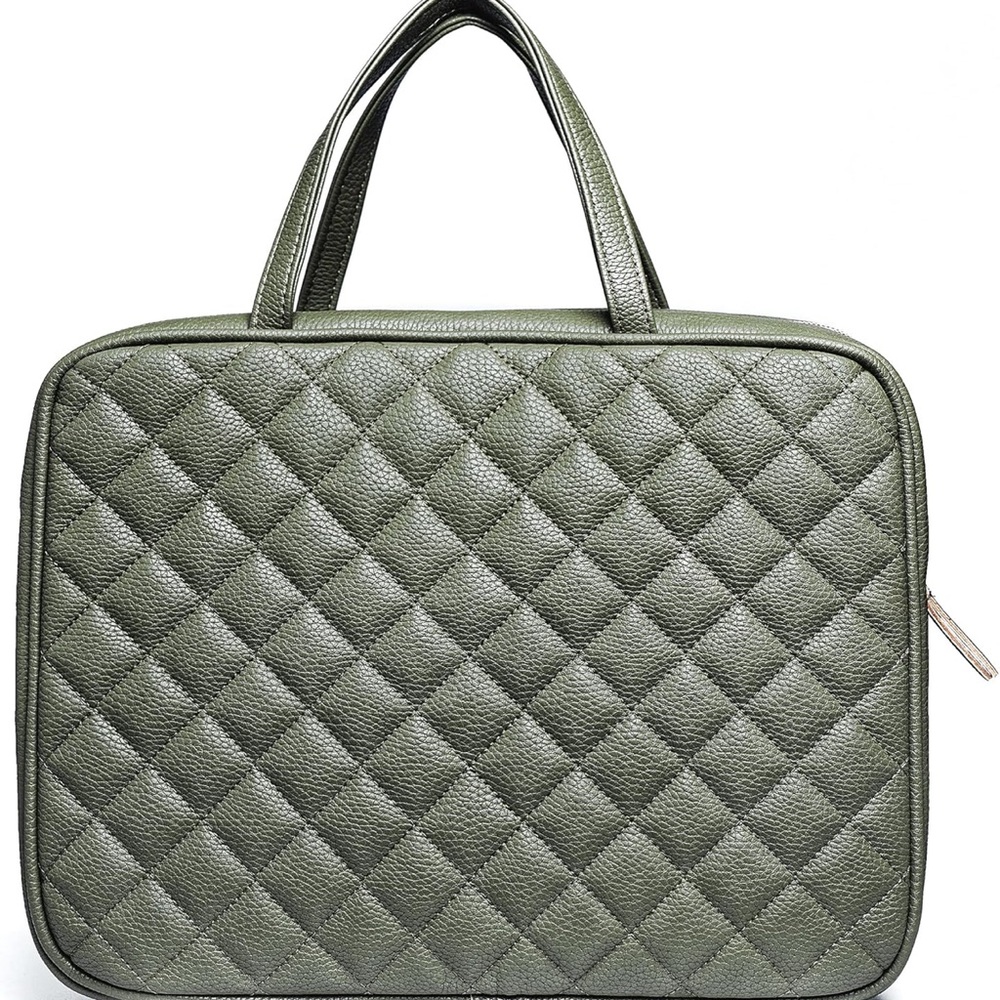 Olive Green Quilted Large Toiletry Bag with Vegan Leather Finish